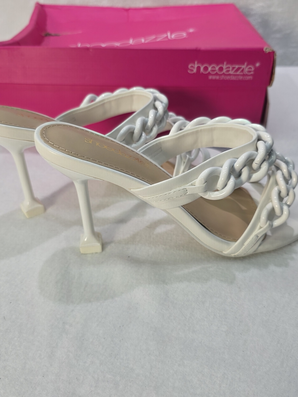 Shoe Dazzle White Chain-Detail High Heel Sandals Slip On